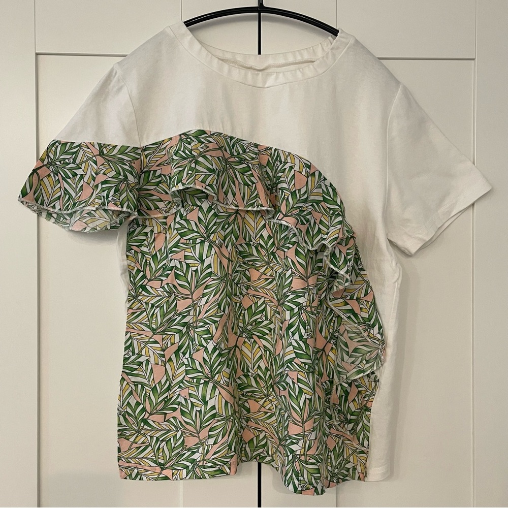 Women Crew Neck Short Sleeve Top White / Green Leaf patterns